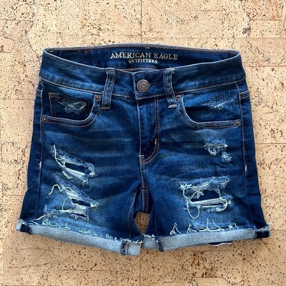 American Eagle Outfitters Next Level Stretch Blue Distressed Jean Midi Shorts - Picture 1 of 11